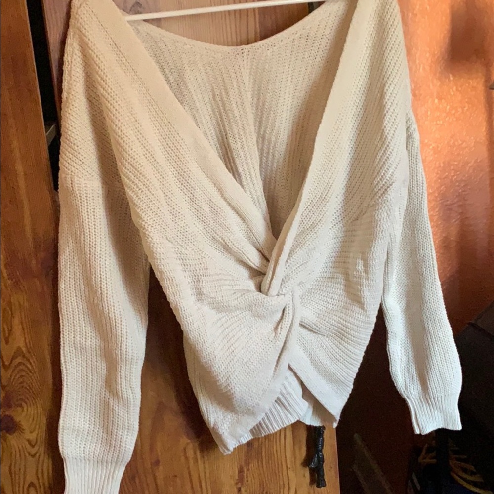 drop shoulder twisted front cream sweater